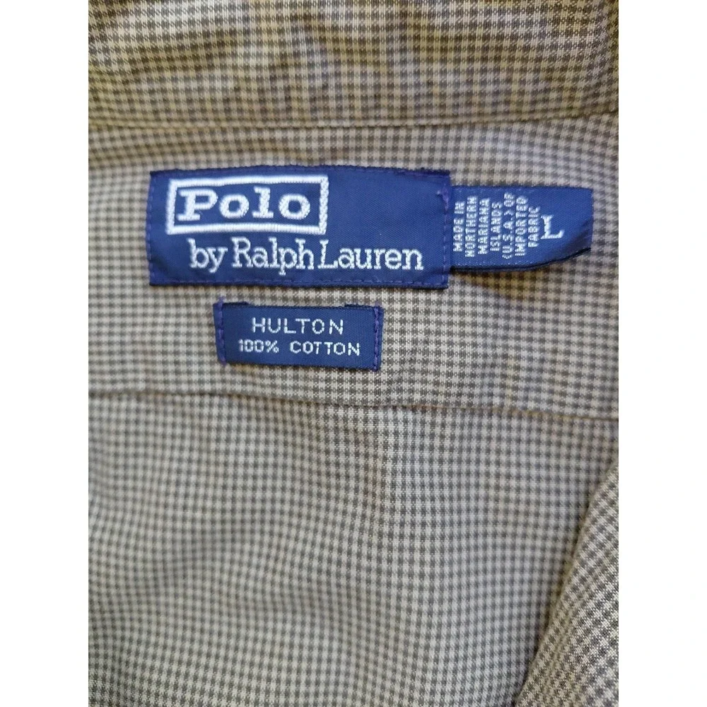 Vintage 90s Y2k Polo Ralph Lauren Hulton Shirt Mens L Brown Houndstooth‎ Cotton